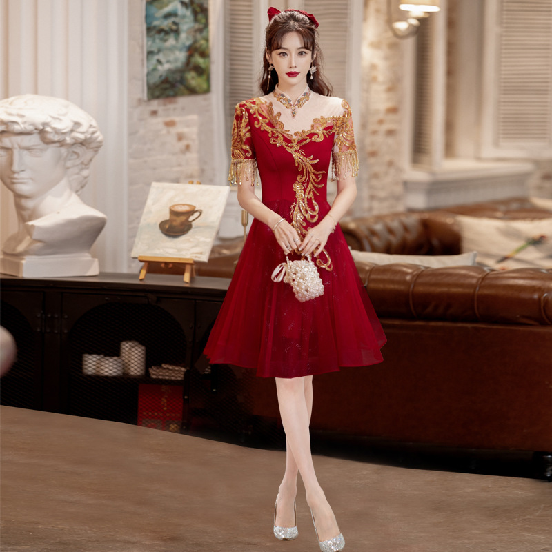 Vestido tostado de estilo chino para la novia, boda transfronteriza, ropa informal el día de la boda, vestido de compromiso de primavera burdeos, vestido de novia para mujer