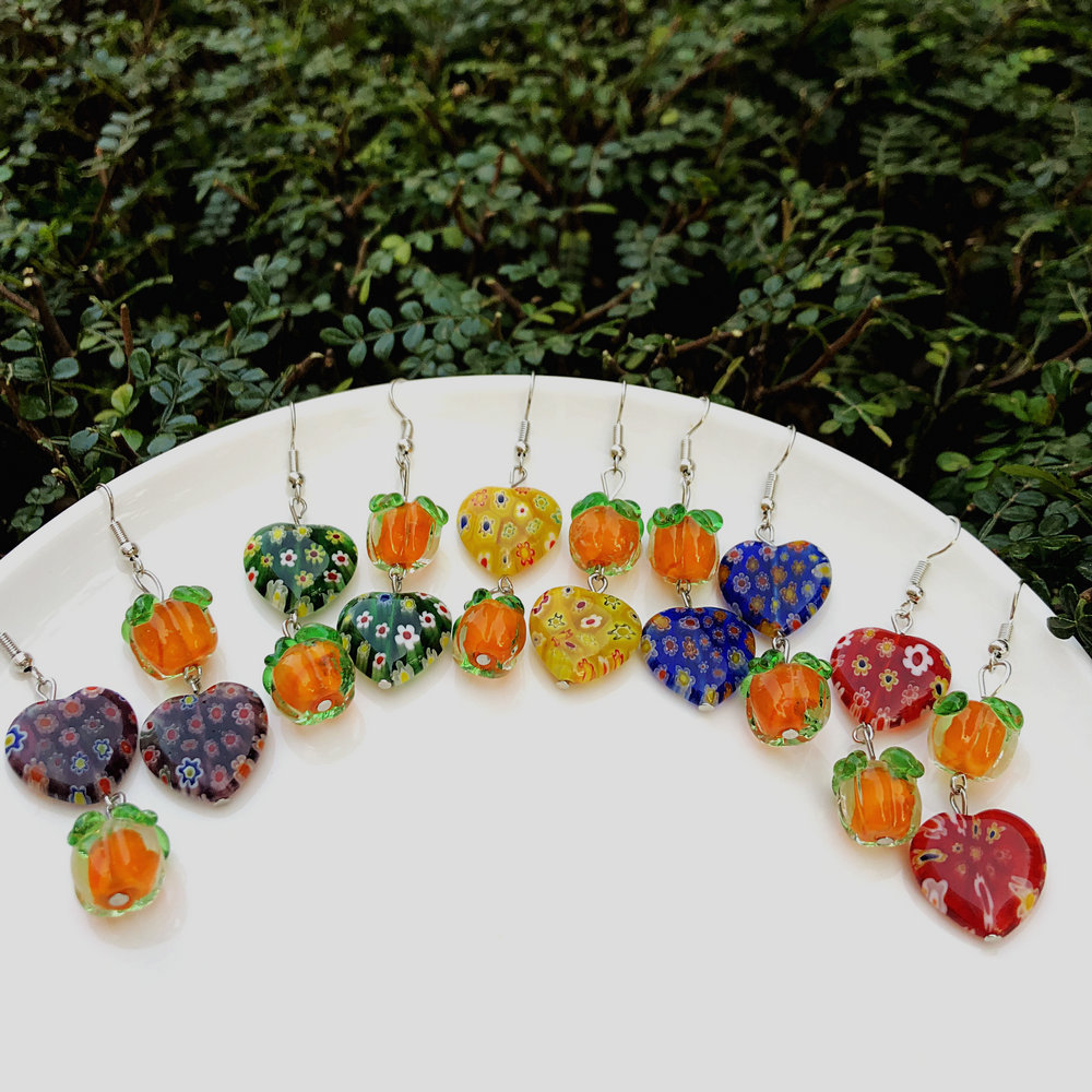 15g Weight Alloy Ear Needle Material Drop Earrings Classification 1 Pair Quantity Daily Occasion Glass, Metal Material Persimmon, Heart Shape, Flower Pattern All Seasons Season Women's Gender Polished Finish Asymmetrical Design Cute Style 1 Pair Cute Persimmon Heart Shape Flower Asymmetrical Glass Metal Drop Earrings 无