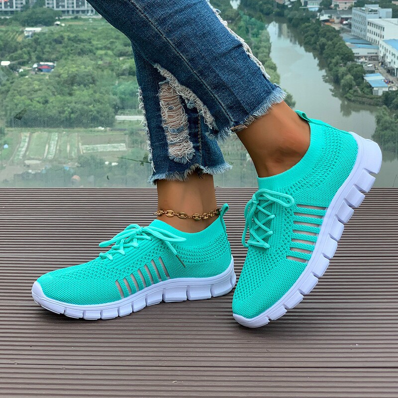 Foreign Trade Fly-Knit Size 43 Lace-Up Mesh Sneakers for Women, 2026 New Korean Style In-Stock Lightweight Flat Large Size Shoes