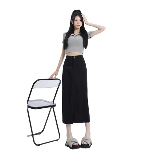 Small man with split front, high waist half-body denim dress, women's spring and autumn new style, light blue slimming bag, hip A-line middle and long skirt