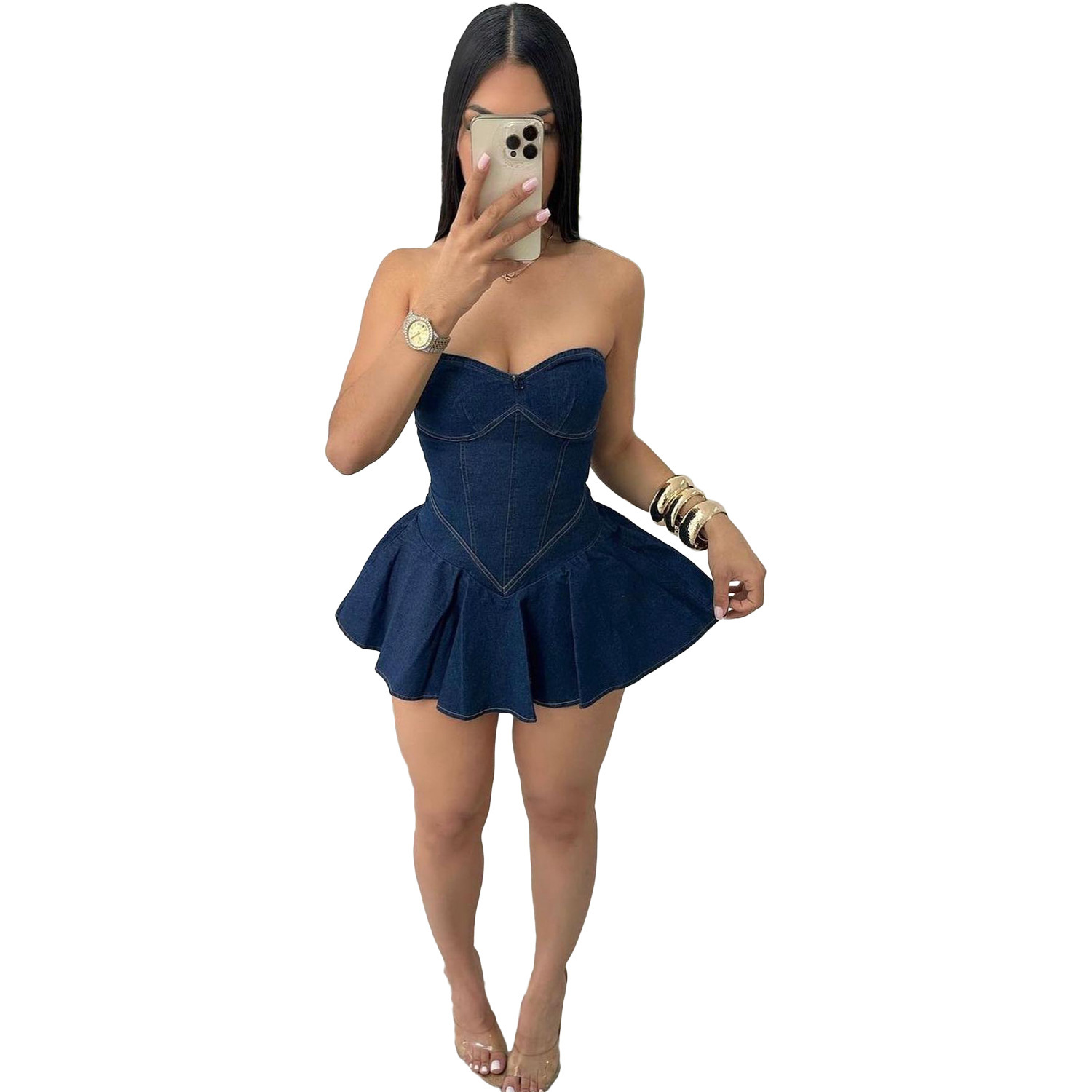 Women's Sleeveless Bust Denim Mini Dress Sexy Hot A-Line American Style Fashion Temperament Dress For Girls_ecoleips.com