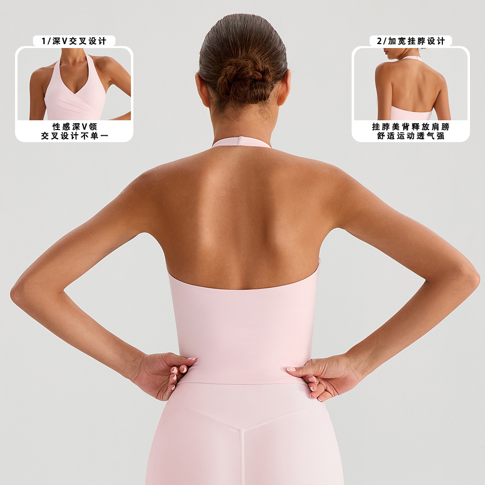 Verano colgar el cuello chaleco de yoga belleza de espalda desnuda con cojín de pecho a prueba de choque reunido camisa deportiva para mujeres