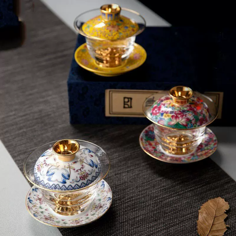 玻璃盖碗璃珐琅彩绘大号三才茶碗泡茶杯茶托 功夫茶具藏金沏茶碗