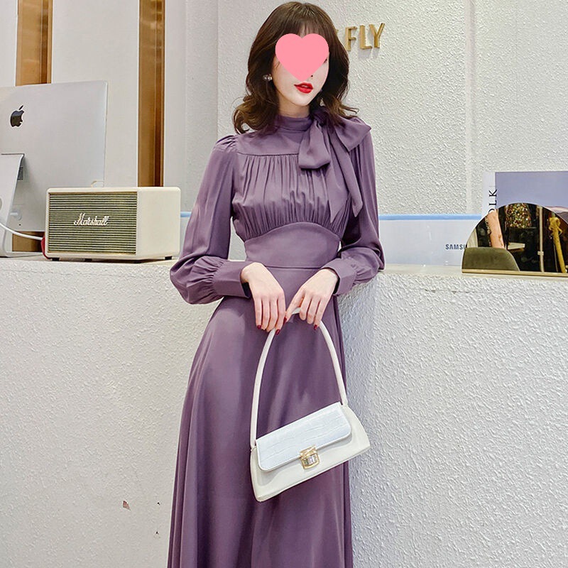 法式优雅连衣裙秋装2025年新款女韩版复古女人味压褶设计中长裙子|undefined