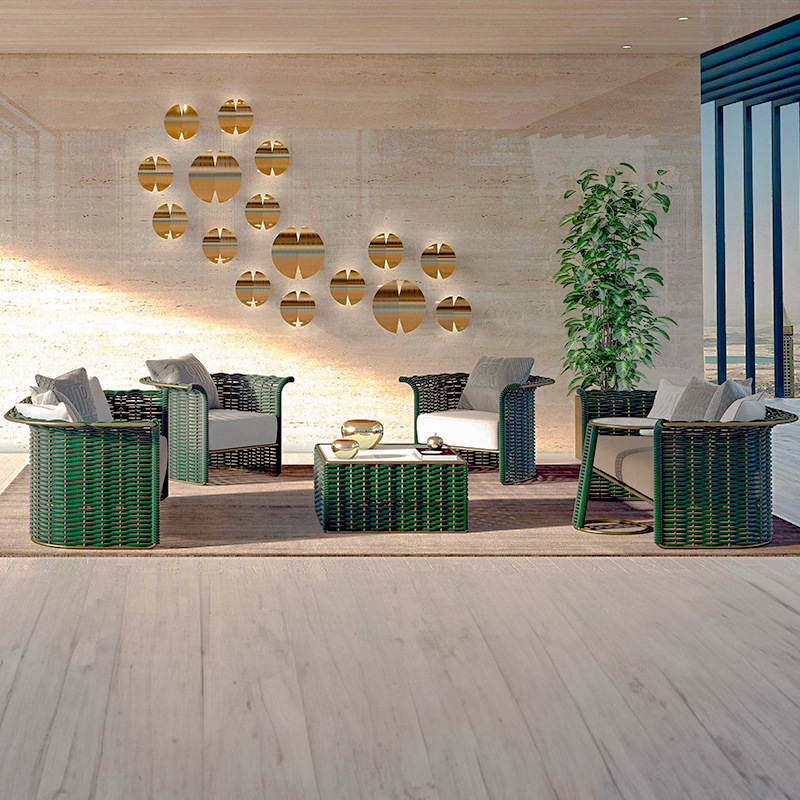 Sofá de ratán para exteriores, muebles de patio, juego de mesa de café y sofá de ratán impermeable y resistente al sol para jardín al aire libre de villa
