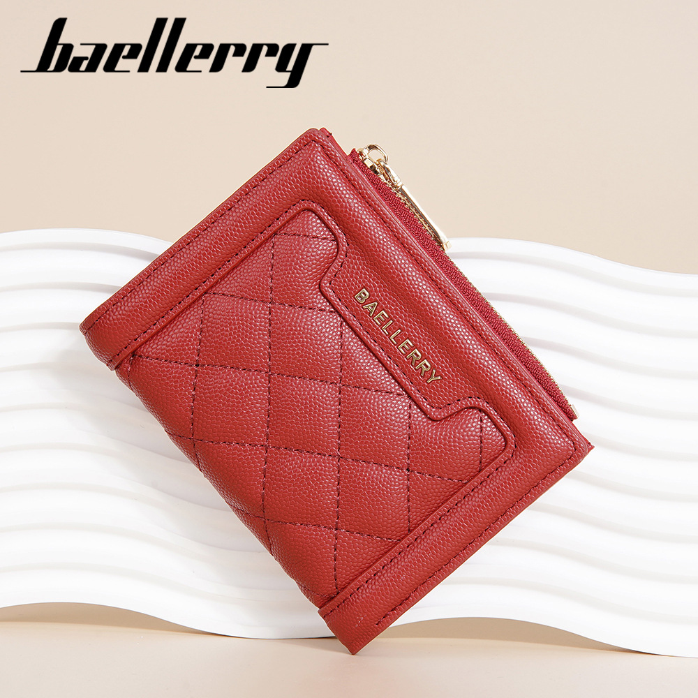 Cartera de mujer Baellerry color cálido monedero corto con cremallera a presión, bolso de tarjeta con patrón de diamante con borde, billetera