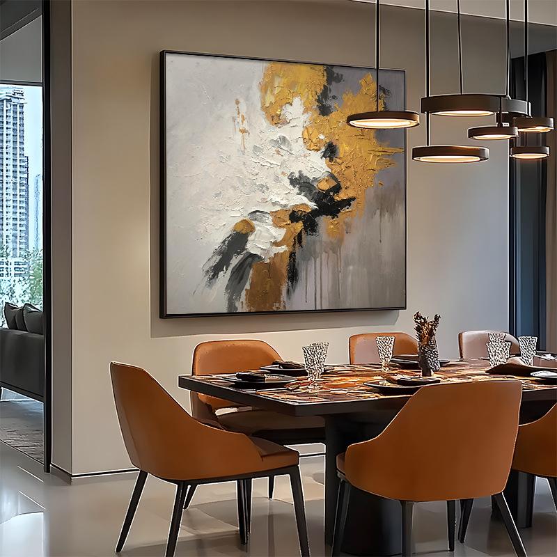 大芬村赵无极抽象餐厅装饰画油画金箔肌理感手绘饭桌挂画工装壁画