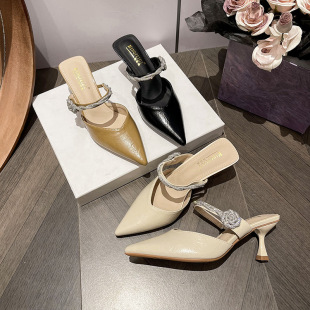 Baotou Half Slippers 2025 New Summer Outer Wear One-word Thin Heel High Heel Sandals with Rhinestones Women's Pointed All-match
