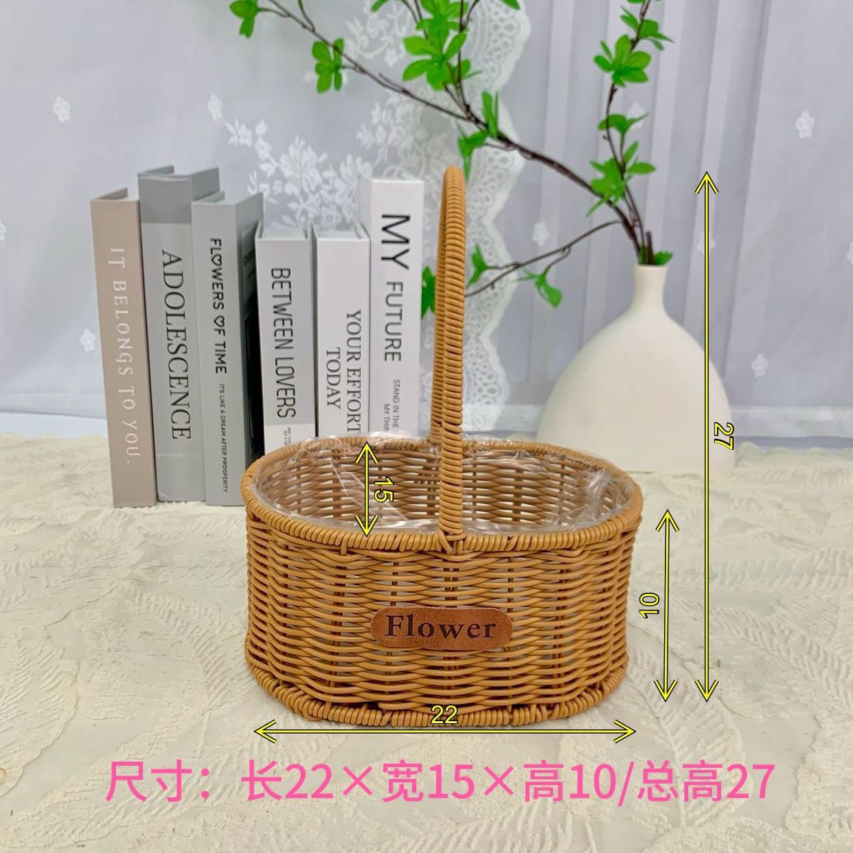 Arreglos florales portátiles de imitación de ratán, cestas de flores tejidas a mano, adornos de sala de estar, cestas de jardín, regalos a mano, cestas de flores