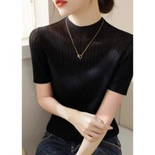 仅用于产品展示勿拍-黑色半高领冰丝针织衫短袖女夏季2026新款修
