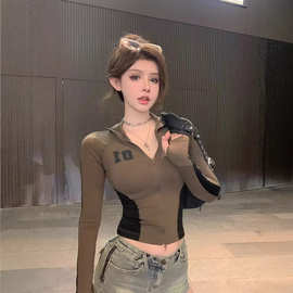 春秋美式复古运动撞色立领收腰t恤打底衫女设计感紧身长袖短上衣