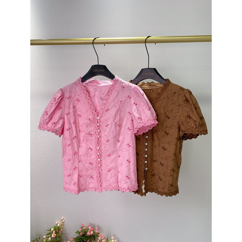 French-Style Sweet 2026 New Embroidered V-Neck Shirt for Women with Puff Sleeves and Lace Trim, Slimming Pink/Coffee Color Top French-Style Sweet 2026 New Embroidered V-Neck Shirt for Women with Puff Sleeves and Lace Trim, Slimming Pink/Coffee Color Top