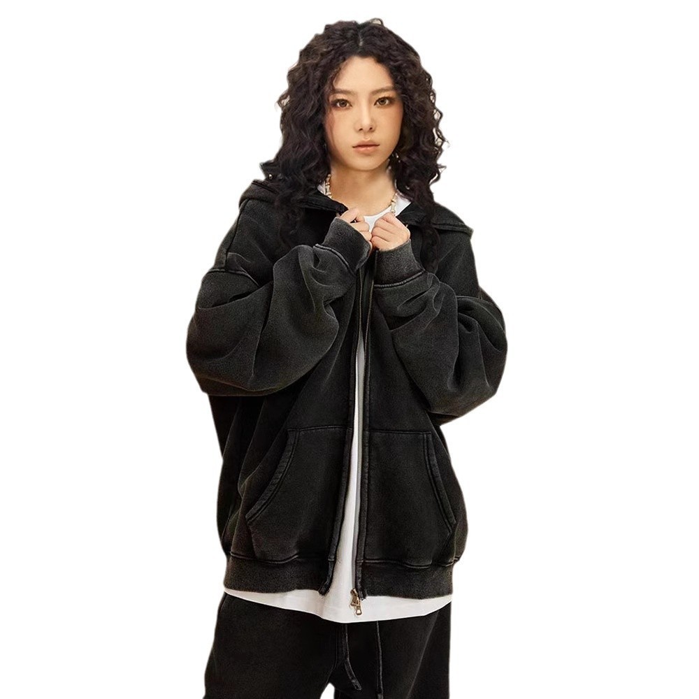 Comercio exterior 2024 marca de moda americana lavadora con sudadera con capuz cardigan retro con camisa con cremallera doble para hombres suelta sudadera con capuz