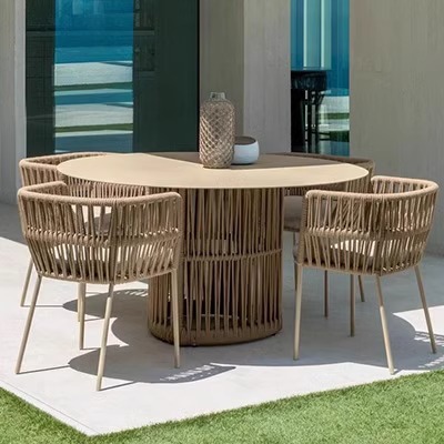Mesas y sillas de ocio al aire libre Jardín tejido de cuerda Balcón Patio Villa Terraza al aire libre Impermeable Protector solar Silla de ratán nórdico Muebles