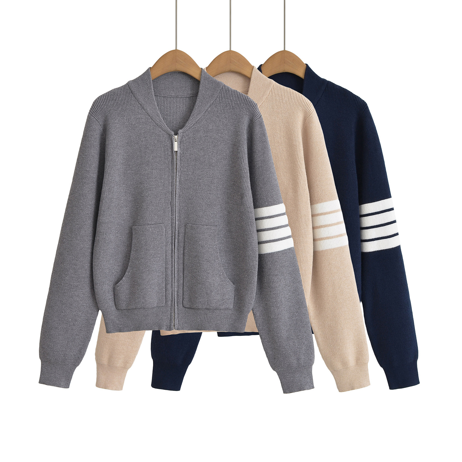 Korean Style College Style Knitted Cardigan Women's 2024 Autumn New American Style Pit Slim-Fit Zipper Sweater Jacket