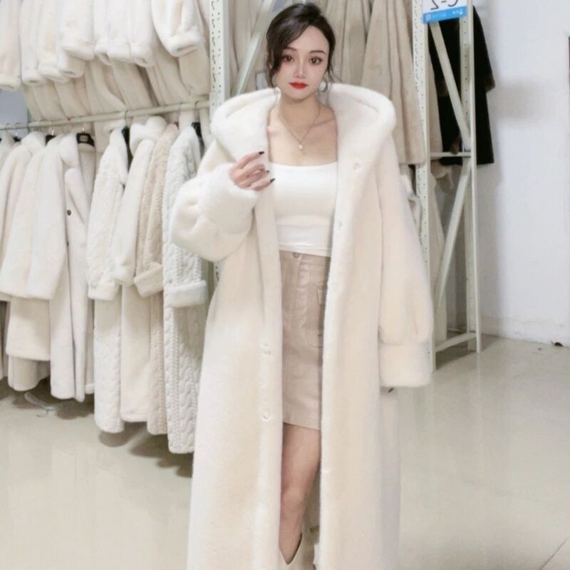 Foreign Trade Cross-Border Imitation Mink Fur Coat 2026 Autumn and Winter Women's Mid-Length Over-The-Knee Loose Large Size Hooded Coat