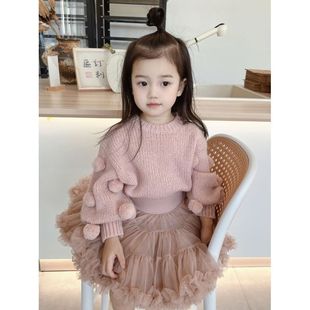 tuttu裙公主風裙女童蓬蓬裙奶茶色秋冬毛球針織上衣套頭毛衣套裝