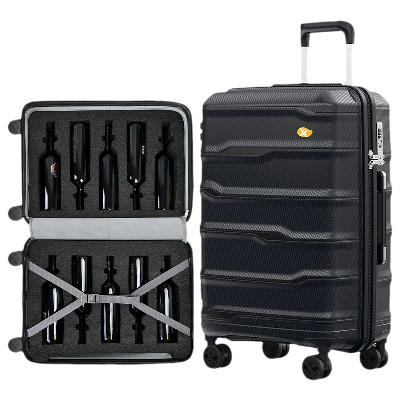 Vali đựng rượu vang đỏ vân ngang 6 chai 20 inch xách tay công sở — Màu đen