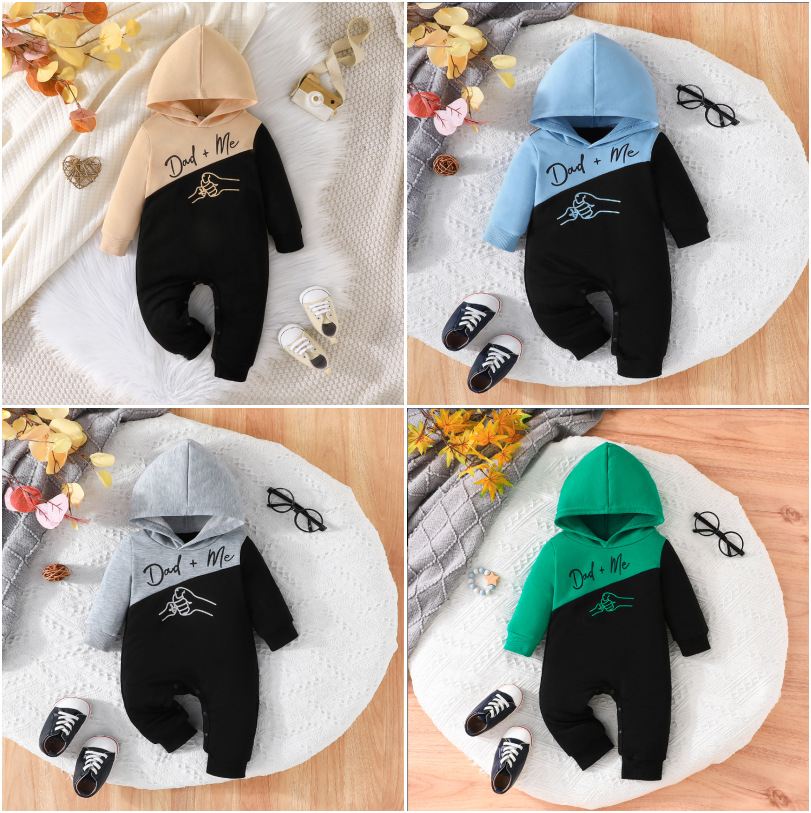 秋季男童连帽拼色连体裤dad+me亲子印花款厂家直供儿童休闲连体衣