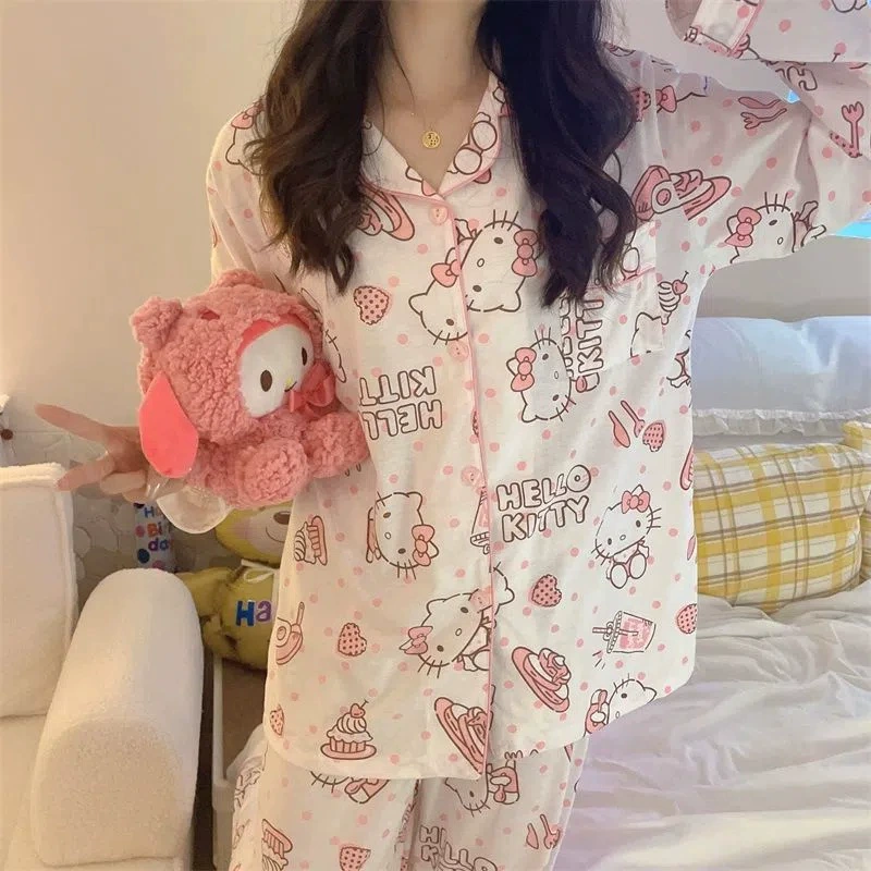 Пижамный набор Hello Kitty на осень (Hello Kitty) милый японский стиль, хлопок с длинным рукавом, размеры M–XXL