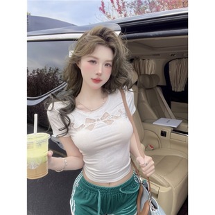 Chest Hollow Sexy Pure Bow Lace Short-sleeved T-shirt Women's Round Neck Shoulder Slim-fit Sweet Spice Girl Bm Top