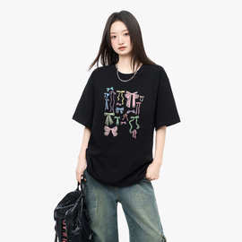 美式短袖T恤女小众慵懒风印花夏季百搭宽松学生潮牌半袖打底上衣