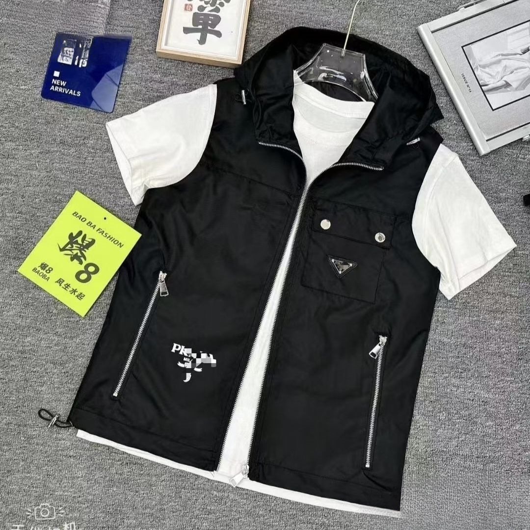 2跨境男士坎肩连帽马甲男装时尚韩版工装个性口袋马夹青年黑现货