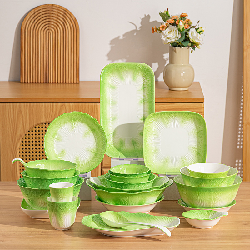 Creative Rice Bowl with Cabbage Design, Household Ceramic Bowl and Plate, Underglaze Color Tableware, Fruit Salad Bowl, High-Value Dish Plate