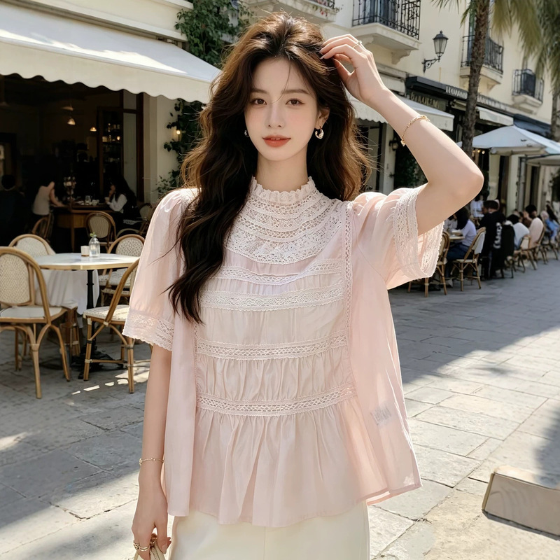 Nanyou Quality 2026 Summer New Exquisite Lace Hollow Out Patchwork Shirt Stand Collar Pleated Short Sleeve Top for Women Nanyou Quality 2026 Summer New Exquisite Lace Hollow Out Patchwork Shirt Stand Collar Pleated Short Sleeve Top for Women