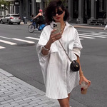 跨境亚马逊宽松条纹衬衫女长袖休闲衬衣中长款阔型上衣外贸衬衣女