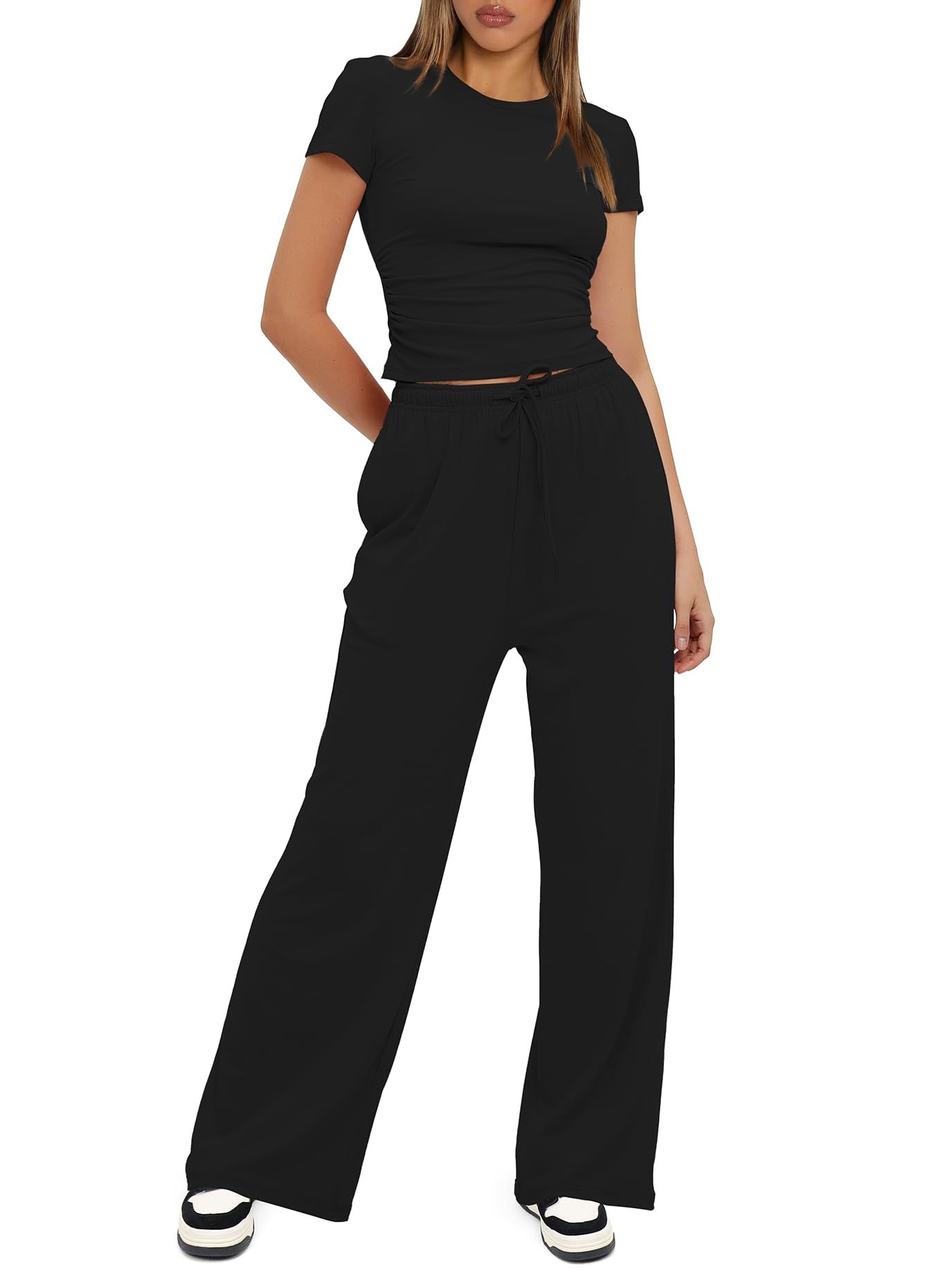 European American Foreign Trade Women's 2-piece Casual Set: Ruffled Short-sleeve Top And High-waisted Wide-leg_ecoleips.com