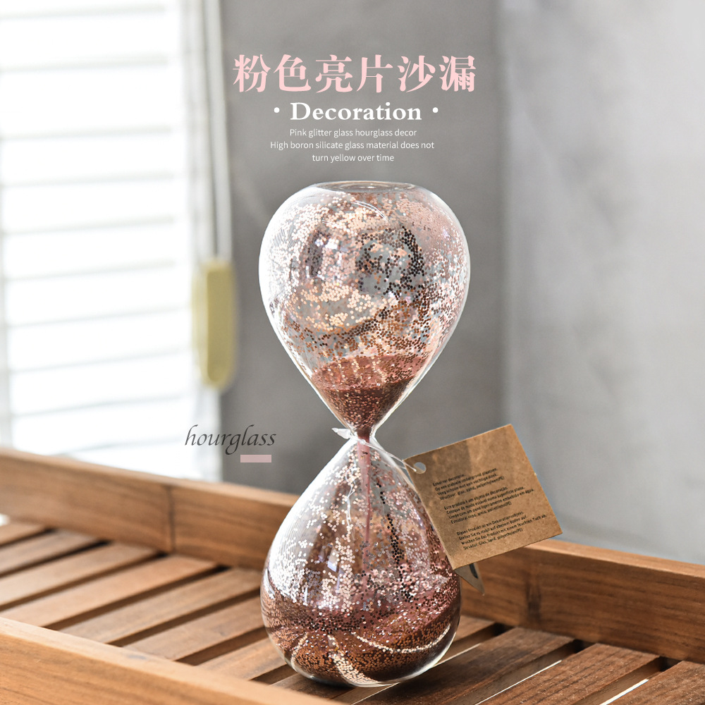 Creativo reloj de arena de vidrio con lentejuelas rosa, estilo moderno, decoración del hogar de moda, decoración del gabinete de TV del escritorio