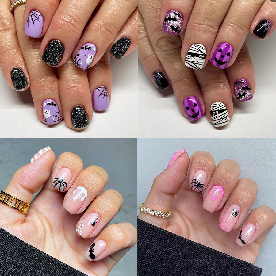 Halloween short glitter spider web bat grimace hot girl sweet fashion wear nail patch 96 24 x 4_voghion.com