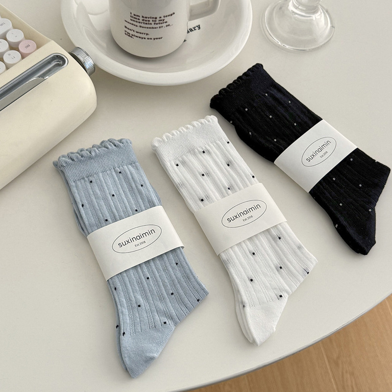 suxinaimin Lacby Socks Children's Mid-length Socks Spring and Summer Thin Japanese-style Slimming Vertical Strip All-match Polar Dot Stacked Socks