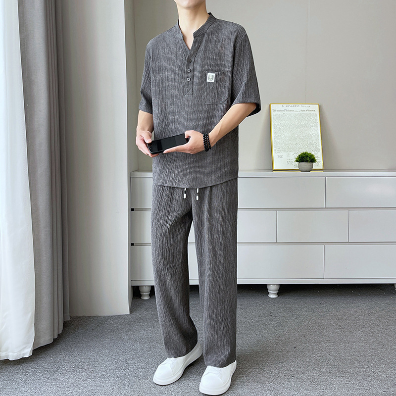 Summer Short-Sleeved Long Pants Ice Silk Suit Men's Casual High-End Luxury Comfortable V-Neck T-Shirt Men's Two-Piece Set