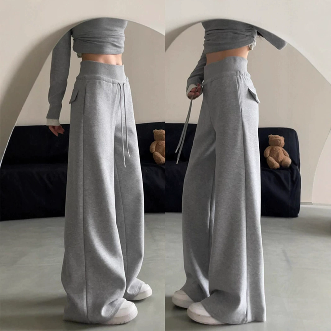 Gray Sweatpants for Women 2025 New Autumn Casual Loose Drape Wide-Leg Pants Floor-Length Straight High-Waisted Sweatpants