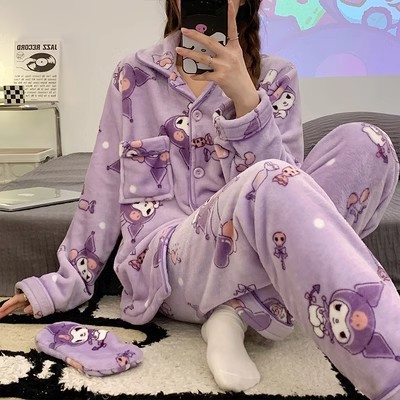 Pequeño conejito pijama de lana de coral para mujer traje de cárdigan de felpa de invierno estilo coreano dulce franela de dibujos animados ropa de hogar otoño