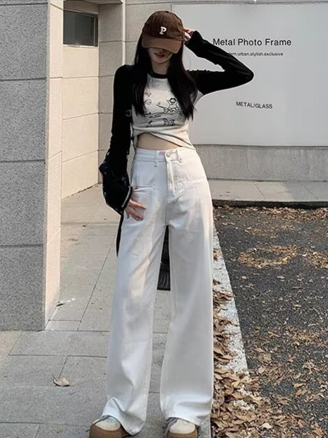 大码白色阔腿牛仔裤女夏季2025新款高腰宽松休闲显瘦设计感直筒裤|undefined