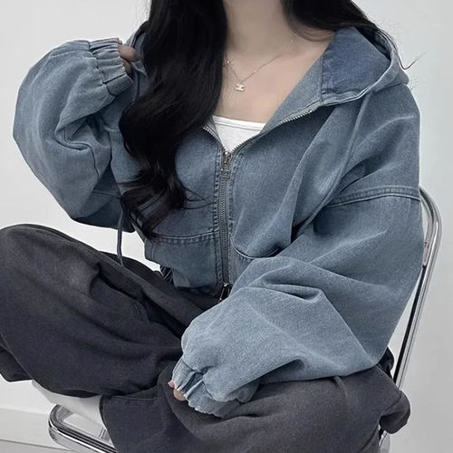 Korean Version Chic Spring and Autumn Hong Kong Style Personality Double Zip Loose Casual Versatile Short-Sleeve Hooded Denim Jacket for Women