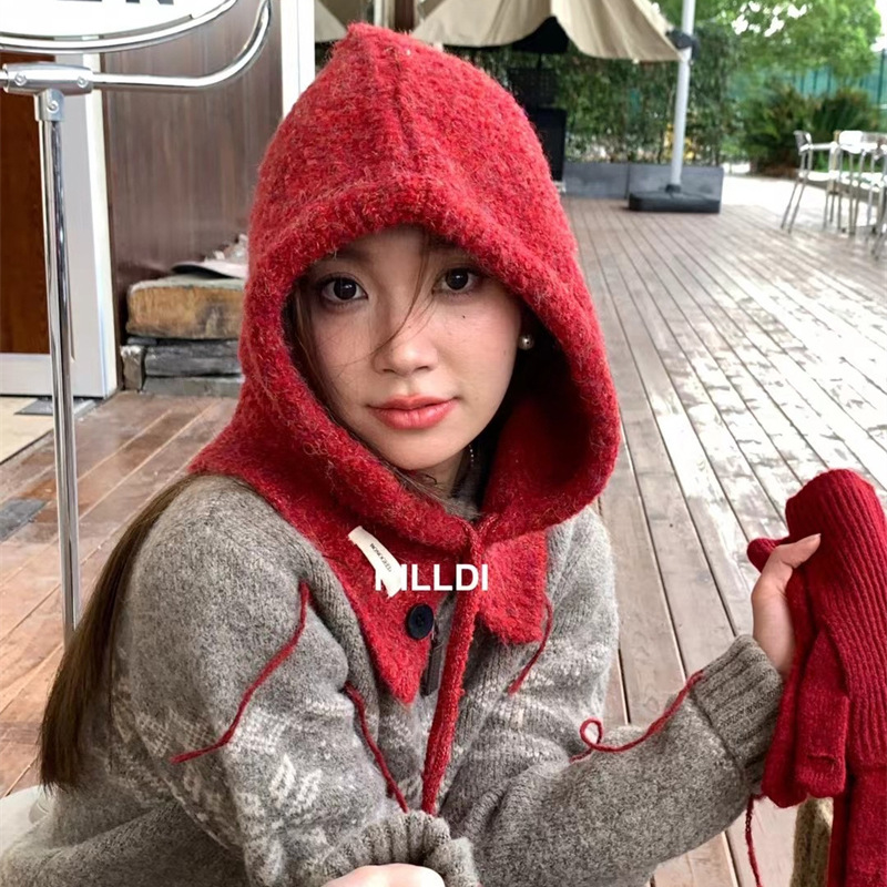 큰 머리 둘레 발라 클라 바 모자 여성의 가을과 겨울 새로운 니트 후드 넥 통합 따뜻한 귀 보호 울 모자