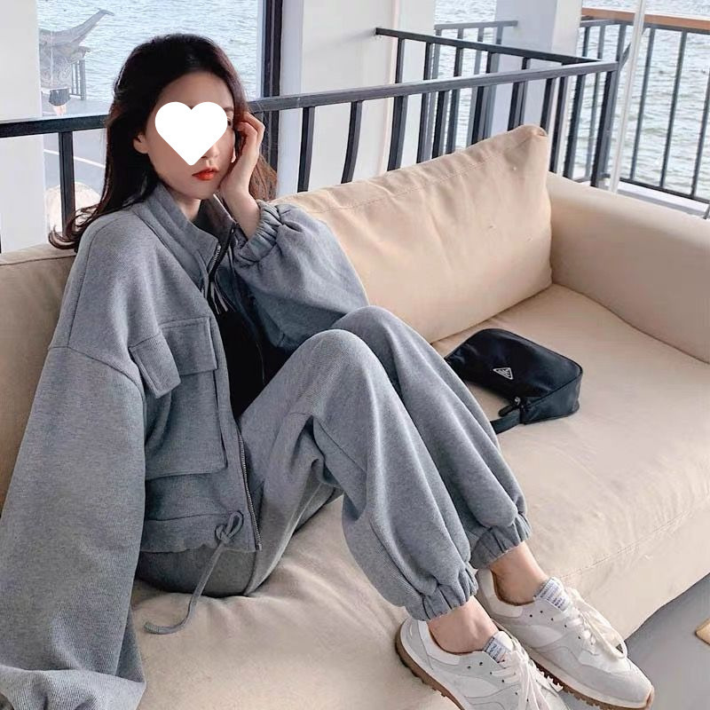 灰色时尚休闲工装套装女2025秋季新款韩版宽松短外套阔腿裤两件套|undefined