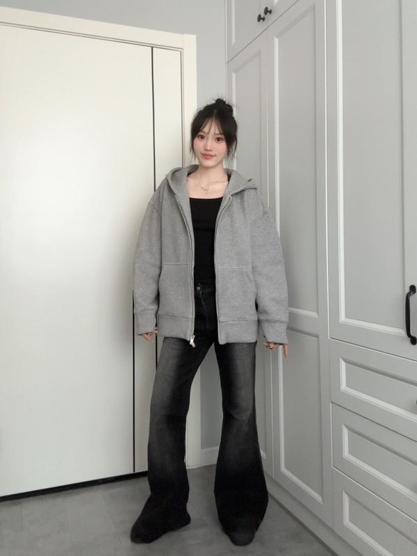 2025新款纯色连帽卫衣外套灰色开衫女春秋休闲宽松韩系慵懒风上衣|undefined
