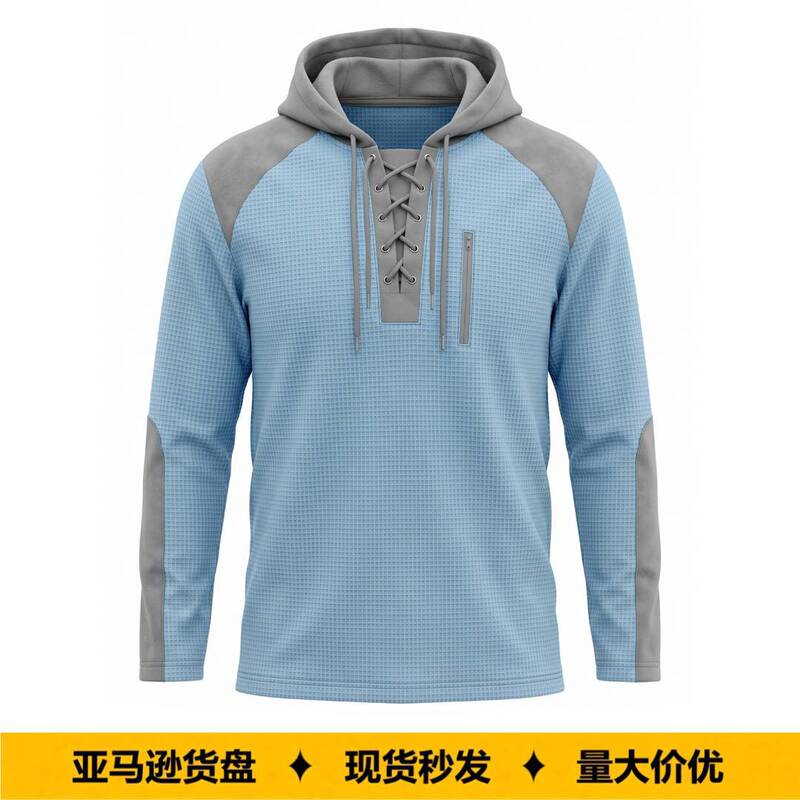 Cross-Border European, American, and Asian Men's Spring and Autumn Drawstring Hooded Sweatshirt, Waffle Color-Blocked Top, Casual Foreign Trade Sports Sweatshirt