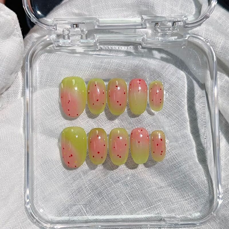 Purely Handmade Wearable Nails Xiaohongshu Popular Ins Style Smudged Guava Hand-Painted Accessible Luxury Style Nail Pieces Manicure Wholesale