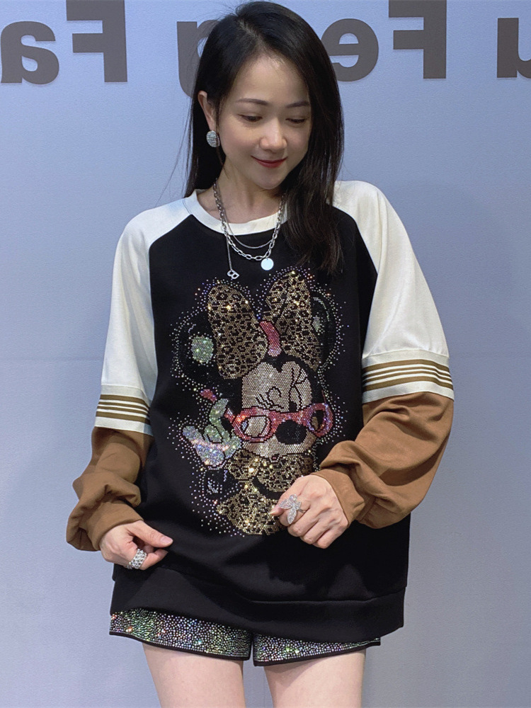 Vintage americano camisa de cuello redondo marca de moda otoño invierno color contraste diseño de personalidad de costura caliente taladro chaqueta casual mujer tamaño grande