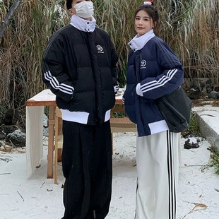 Chinese Trendy Brand Cotton-Padded Jackets for Men and Women 2023 Winter Thick Street Couple Patchwork Loose Sports Striped Color-Blocking