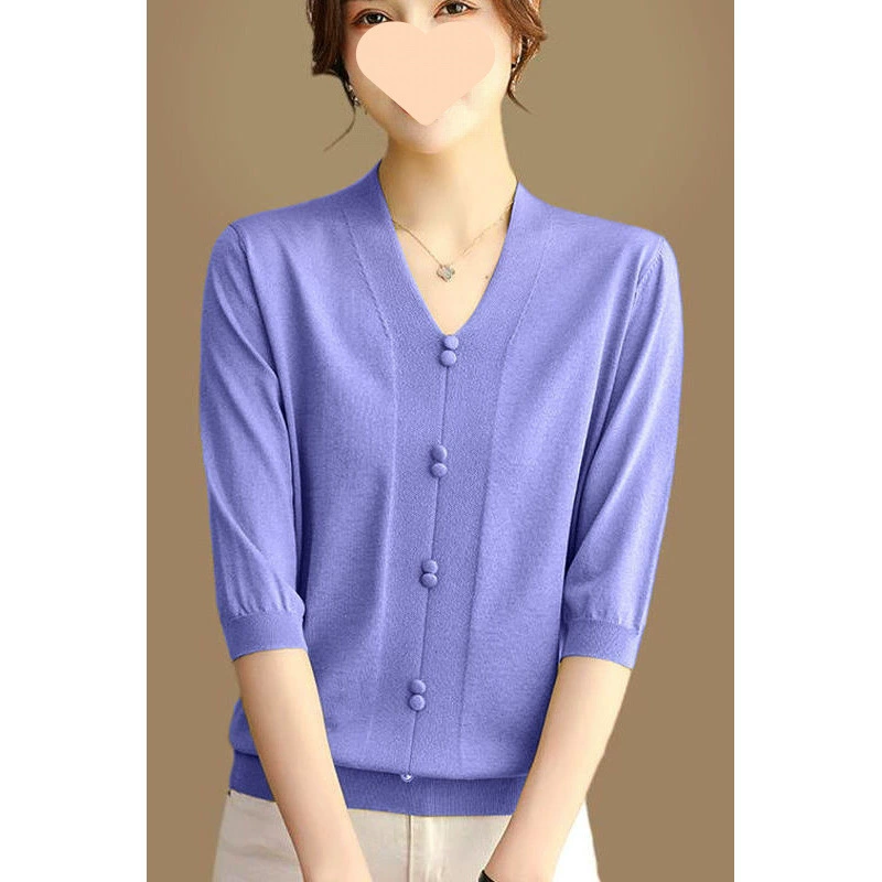 Трикотаж из ледяного шелка, три четверти рукава, элегантный трикотаж, новинка весны-лета 2025 года, топ с воротником и нижняя рубашка для женщин