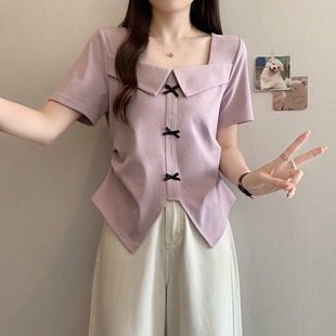 French-Style Square-Neck Irregular Chic Short-Sleeve T-Shirt for Women, Summer Plus-Size Design to Cover the Belly, Base Shirt