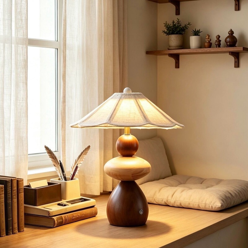 Vintage-style retro solid wood table lamp for bedroom and study, with fabric lampshade, decorative table lamp, wabi-sabi style, high-end ambiance lighting