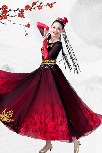 Women's black red gradient xinjiang dance dresses chinese folk xinjiang uygur dance costumes female performance clothing full-skirted dress